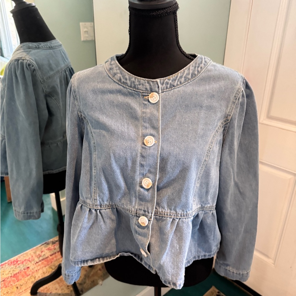 Light Wash Denim Peplum Button Jacket